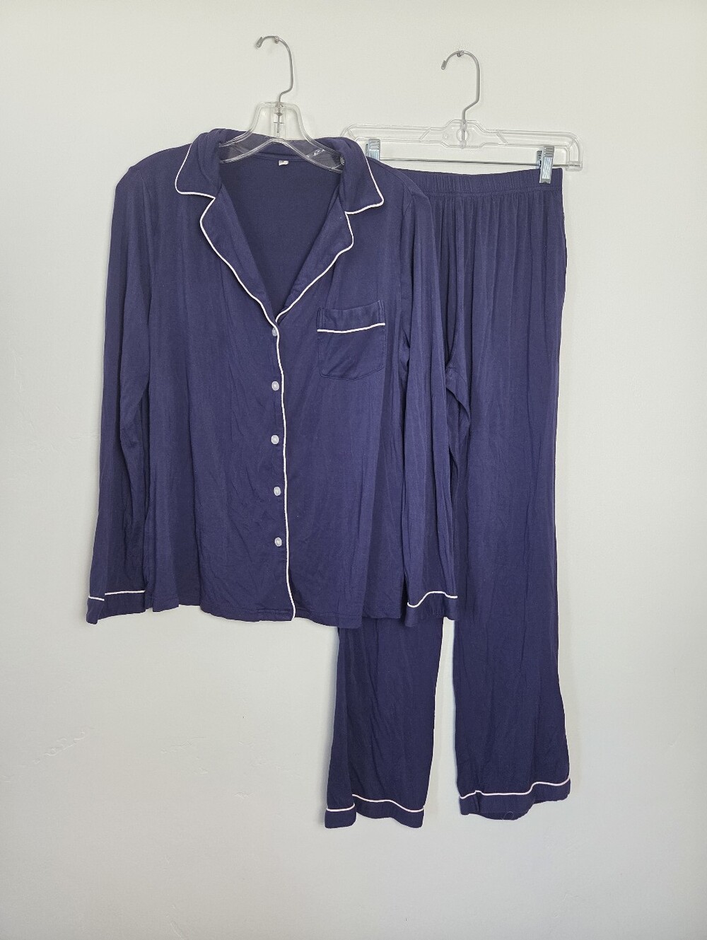 Navy Blue Pajama Set Button Front Top Pants Sleepwear Small Coastal Preppy Bride